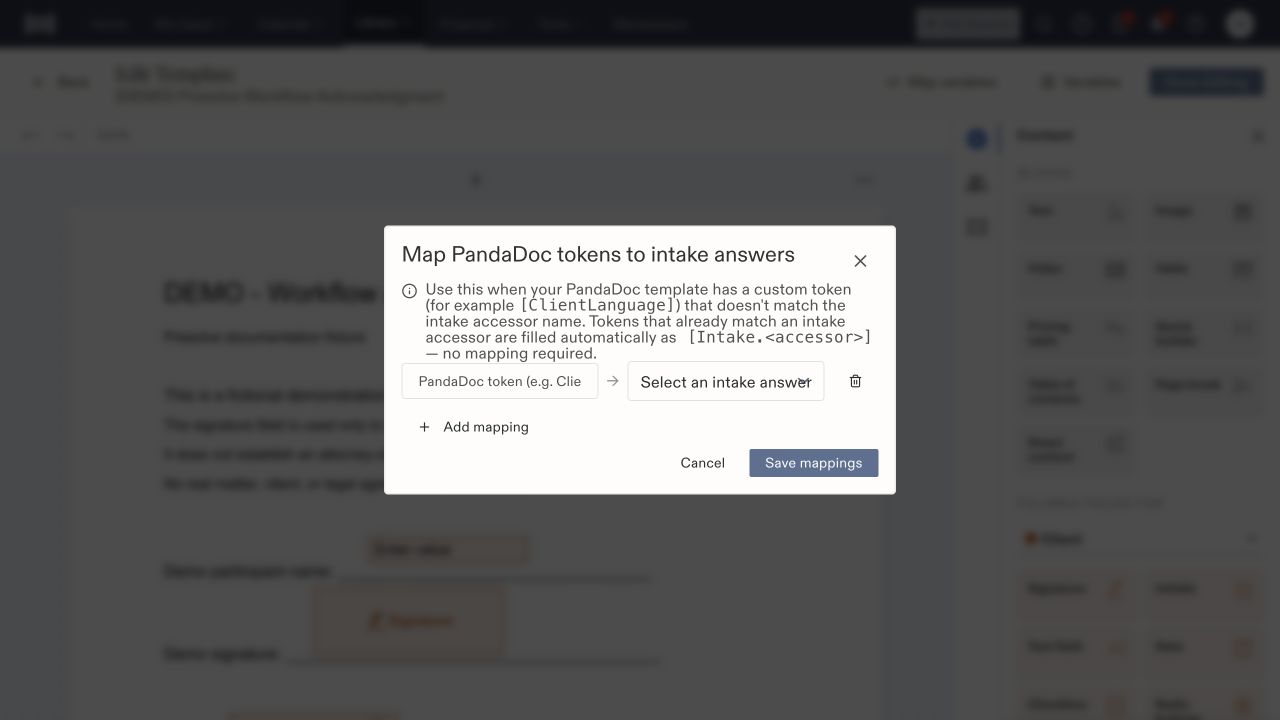 Map PandaDoc tokens to intake answers dialog with token name, intake answer selector, and Save mappings.