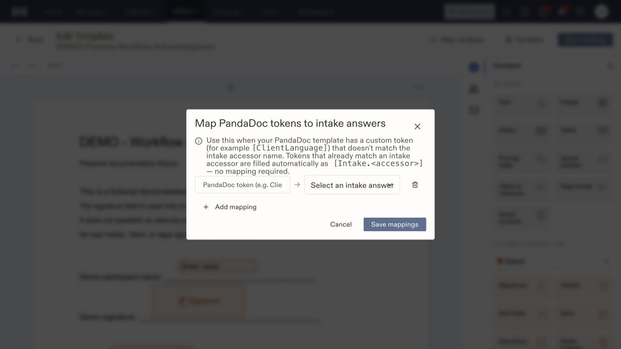 Map PandaDoc tokens to intake answers dialog with token name, intake answer selector, and Save mappings.