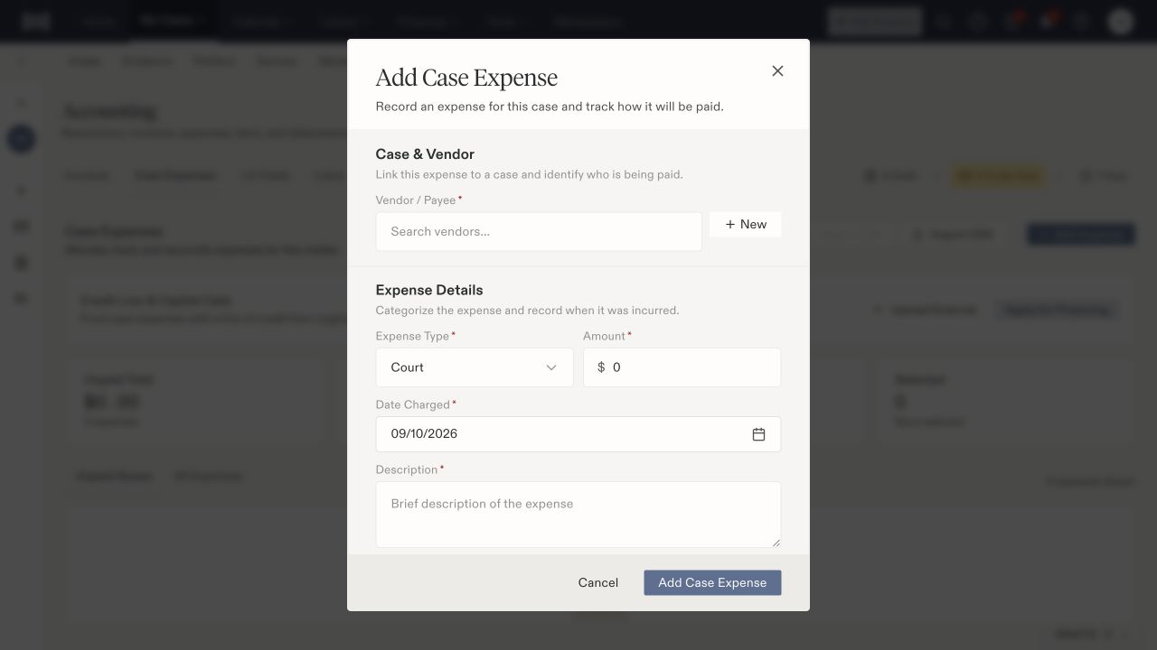 Add Case Expense form with vendor search, expense type, amount, date charged, description, and save control.