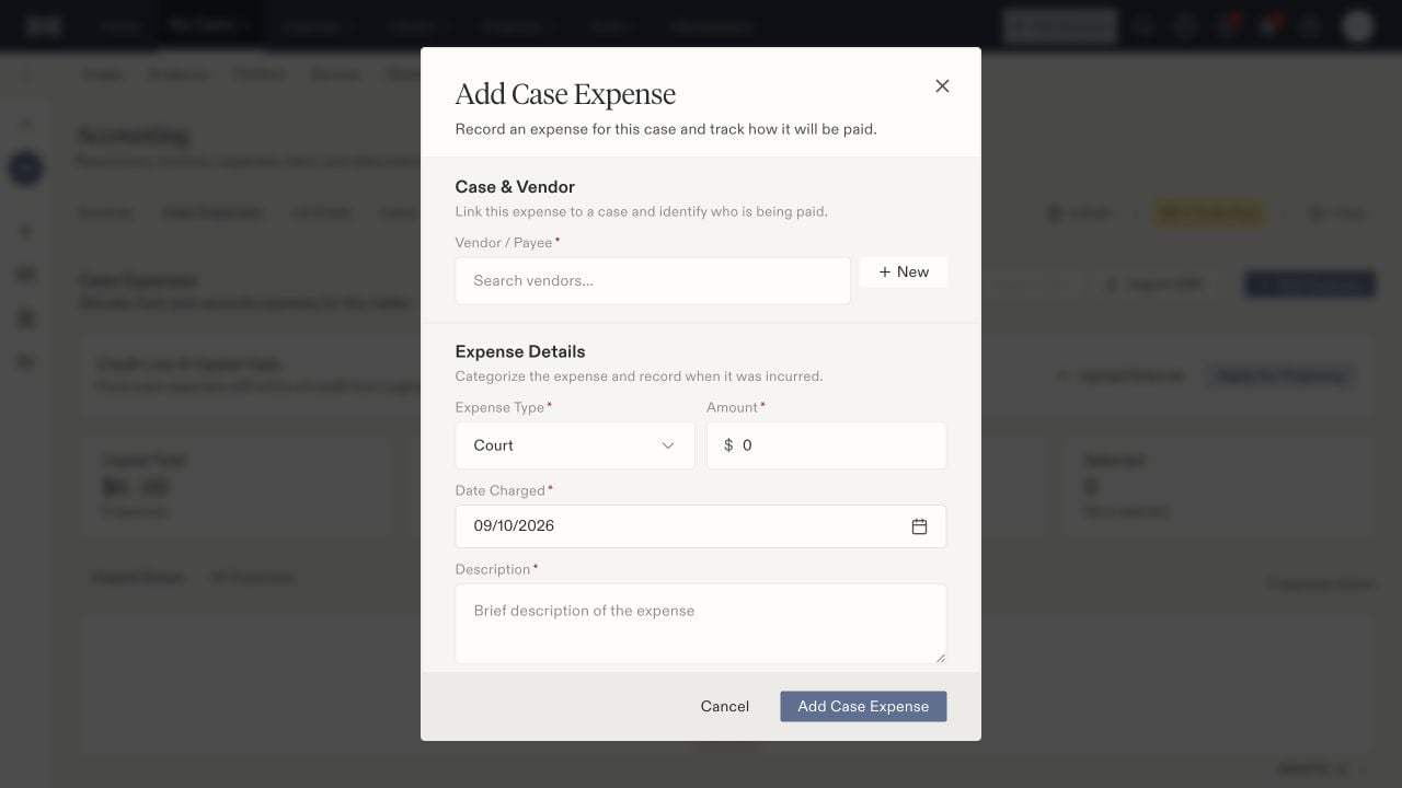 Add Case Expense form with vendor search, expense type, amount, date charged, description, and save control.