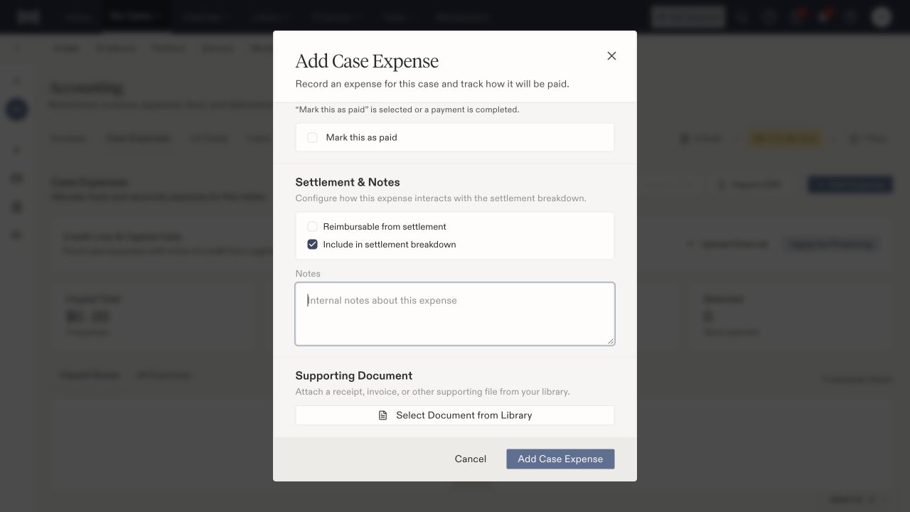 Expense form showing Mark this as paid, reimbursement and settlement-inclusion checkboxes, notes, and supporting library document.