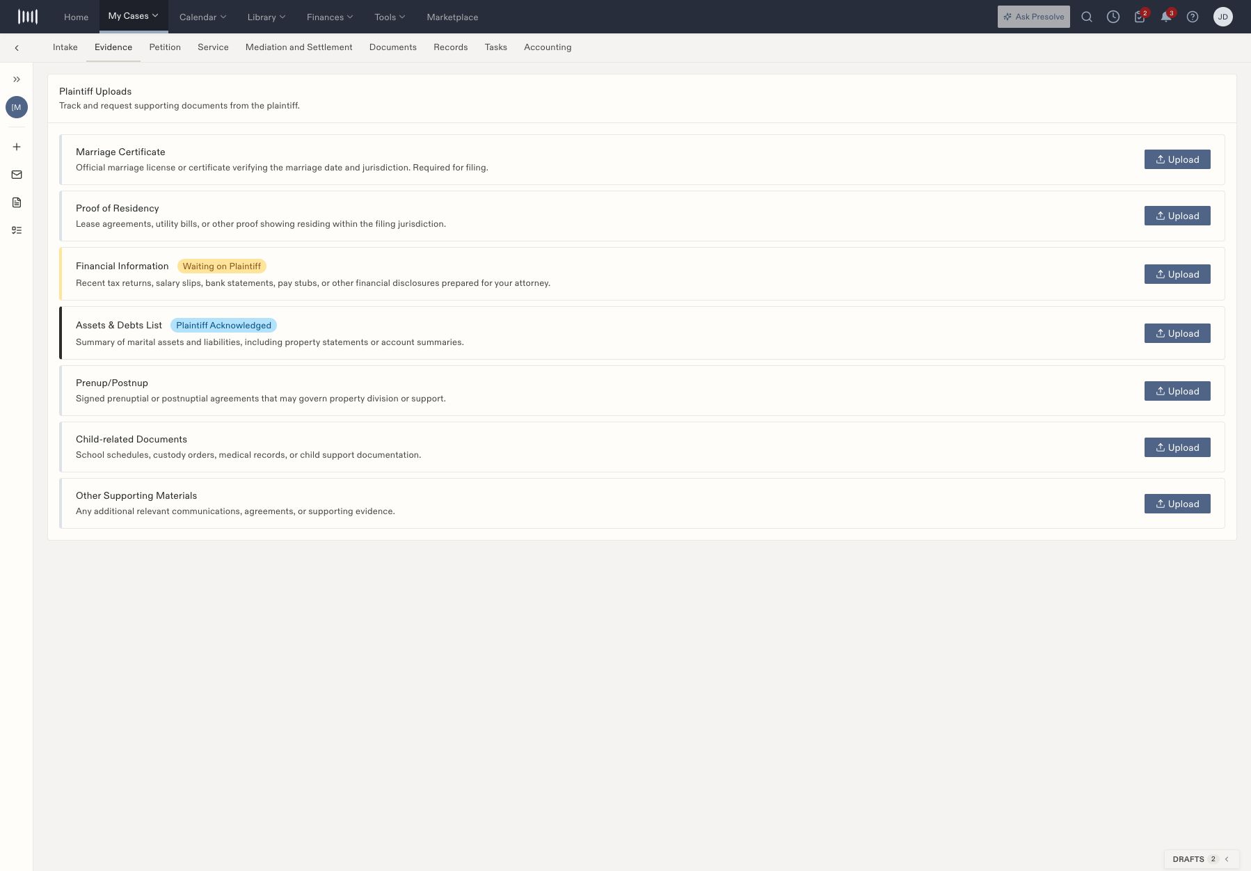 A fictional divorce Evidence tab with categories and distinct plaintiff-request states.