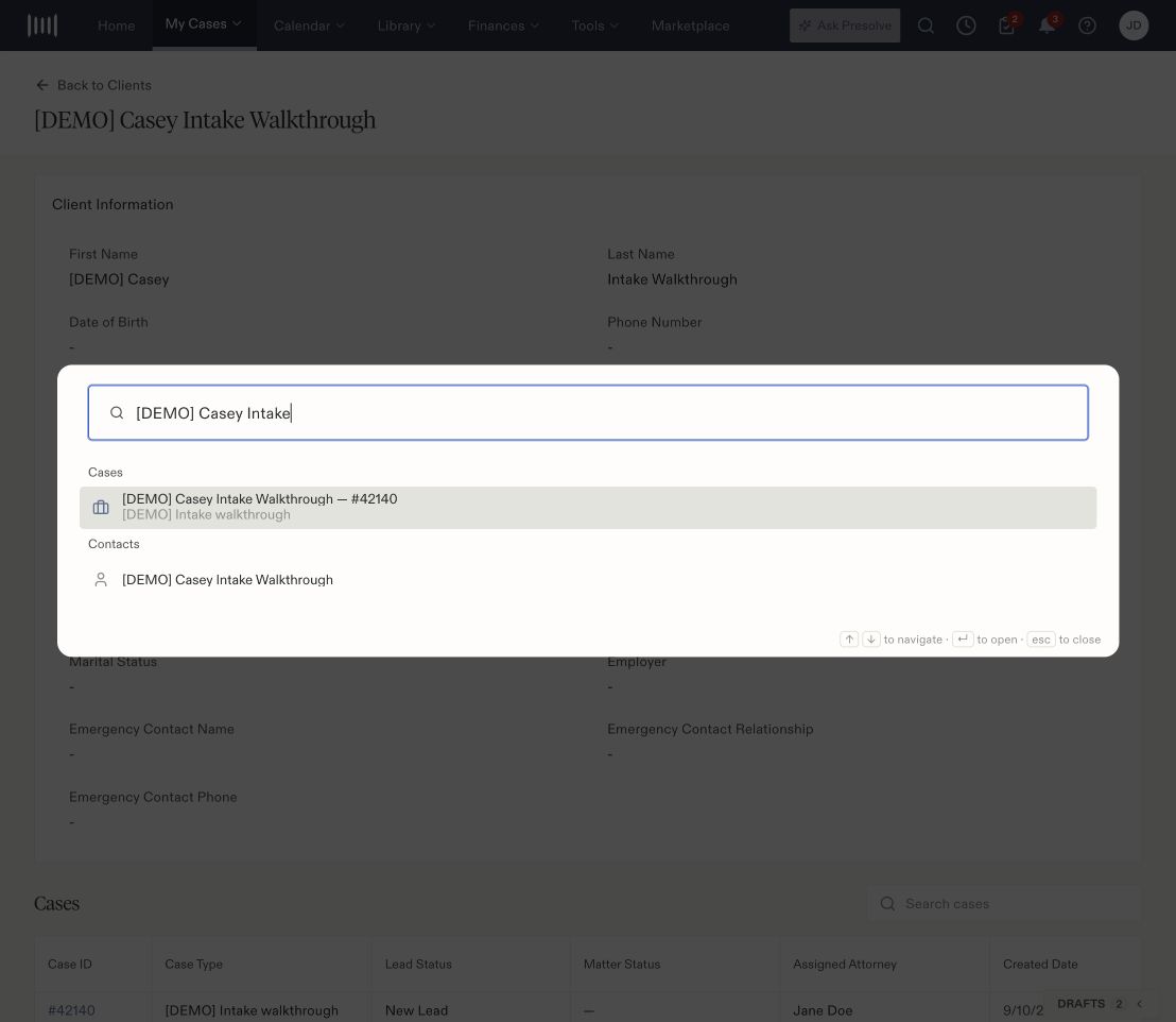 Global search showing separate Cases and Contacts results for the Casey demonstration record.