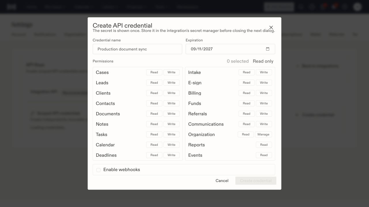 The credential form separates name, expiry, resource permissions, and optional webhooks.