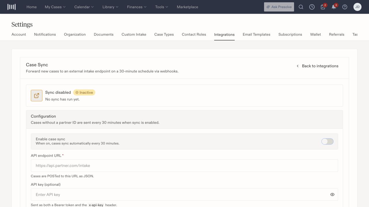 Case Sync enablement and destination configuration.