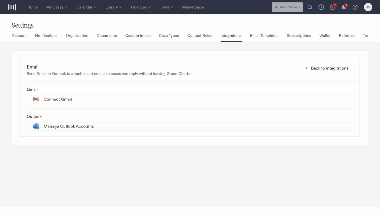 Email setup provides separate Gmail connection and Outlook account-management controls.