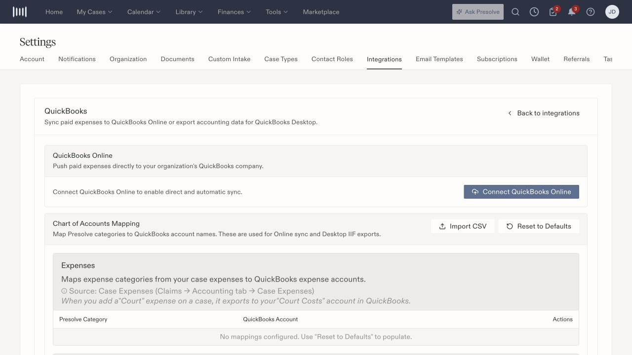 QuickBooks Online connection and chart-of-accounts mapping controls.