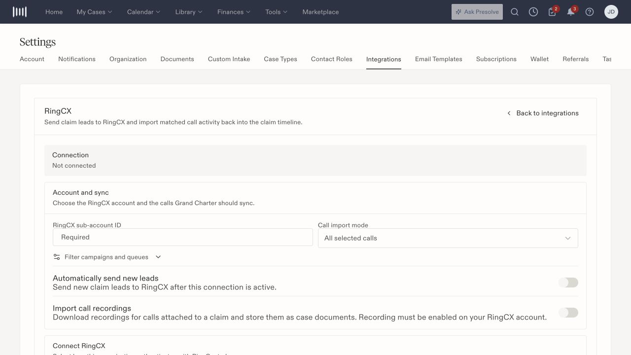 RingCX account and import controls, including automatic lead sending and recording options.