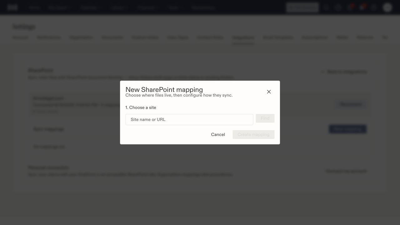 Begin a SharePoint mapping by choosing the intended site.