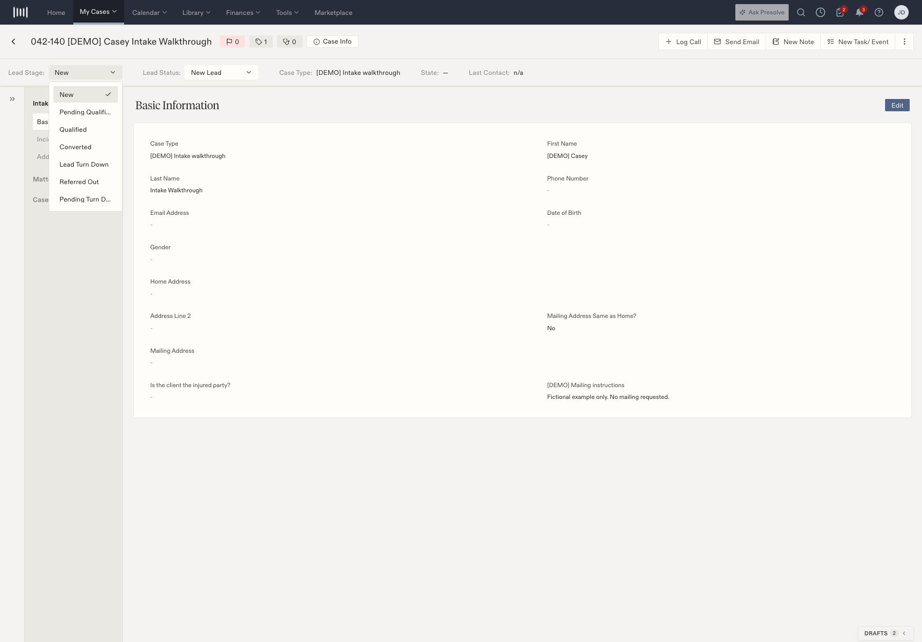 Demo lead showing New Lead status and stage choices including Pending Qualification, Qualified, Converted, and turn-down or referral branches.