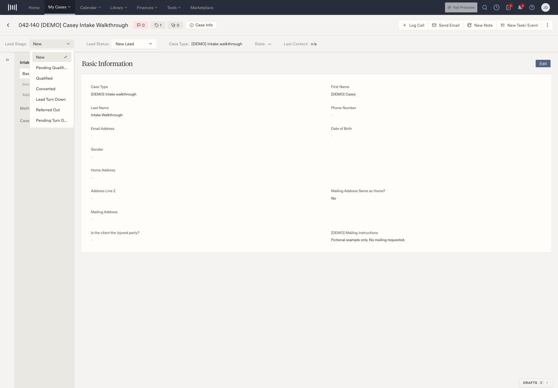 Demo lead showing New Lead status and stage choices including Pending Qualification, Qualified, Converted, and turn-down or referral branches.