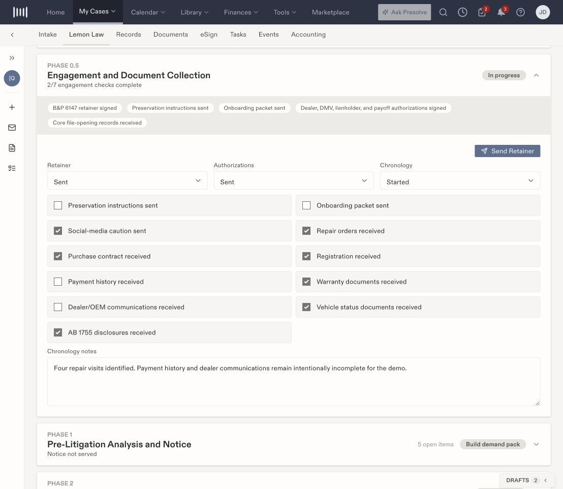 Lemon-law engagement section showing status selectors, a Send Retainer action, document collection checkboxes, and chronology notes.