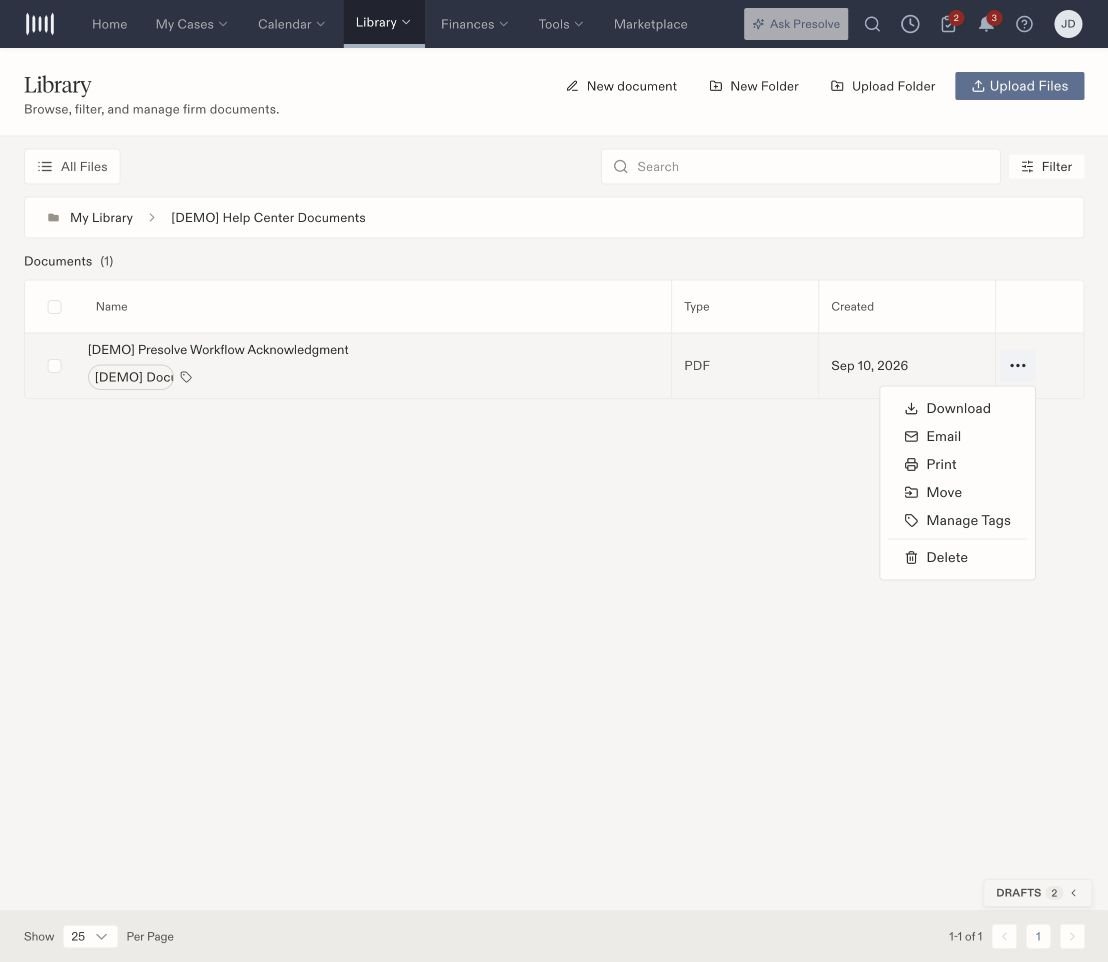 File actions menu beside a fictional PDF, including Move and Manage Tags.