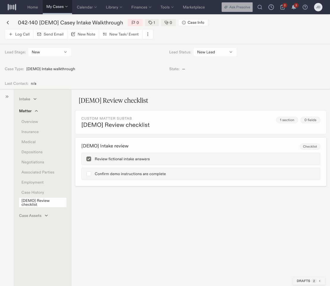 Custom Review checklist matter tab containing two intake-review items, one checked.