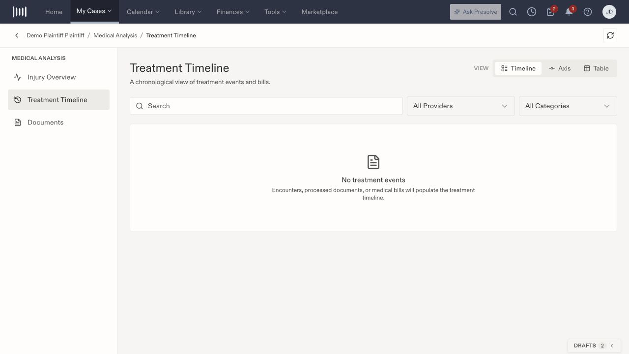 Medical Analysis Treatment Timeline with Timeline, Axis, Table, search, provider and category filters, and a no-events state.