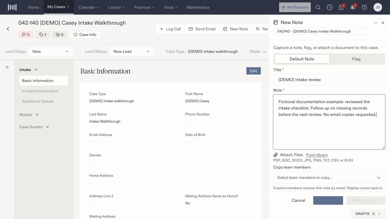 New Note drawer with title and note text, attachment controls, and an empty Copy team members selector.
