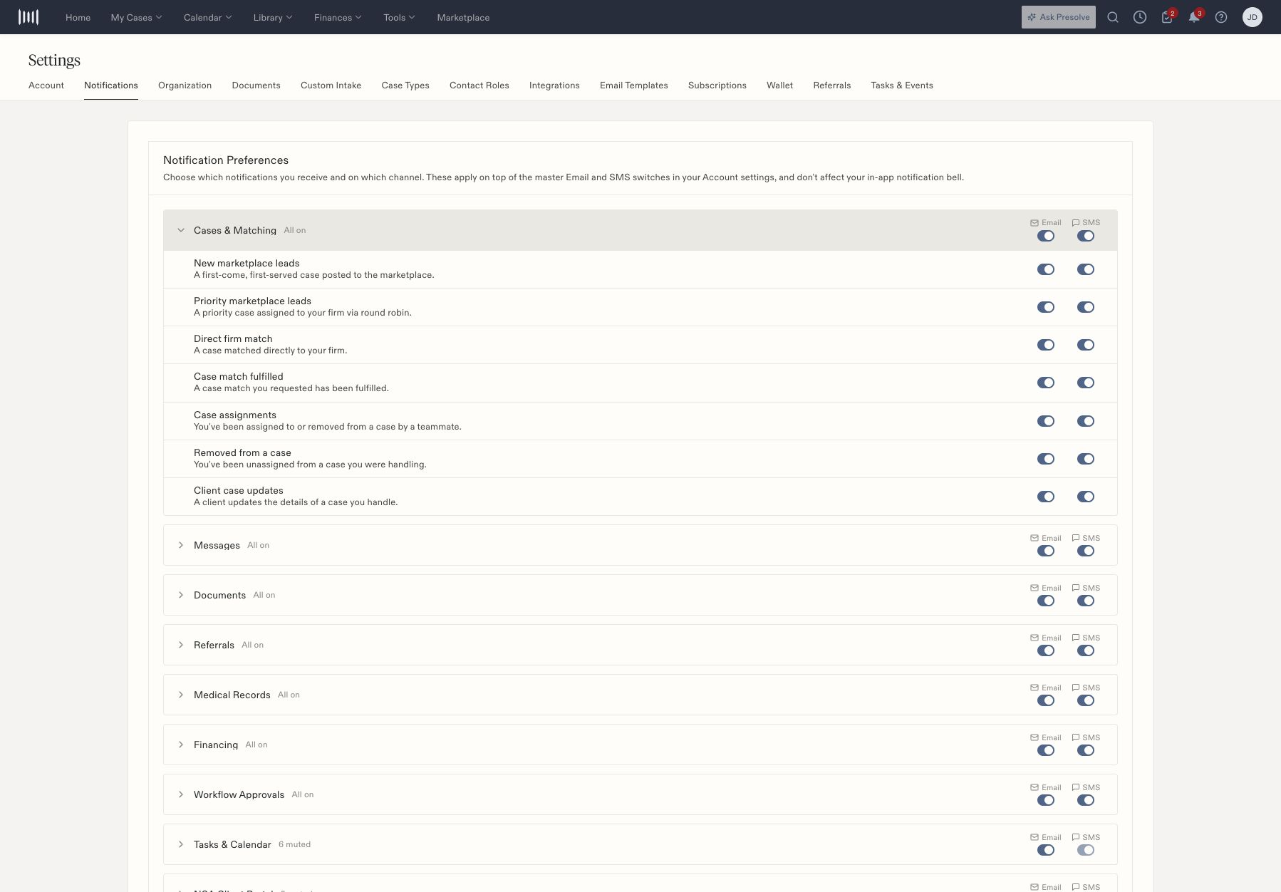 Notification categories with separate email and SMS controls and an expanded category.