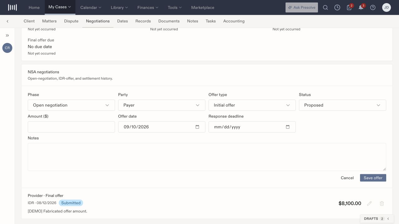 NSA Add offer form with Phase, Party, Offer type, Status, Amount, Offer date, Response deadline, and Notes.