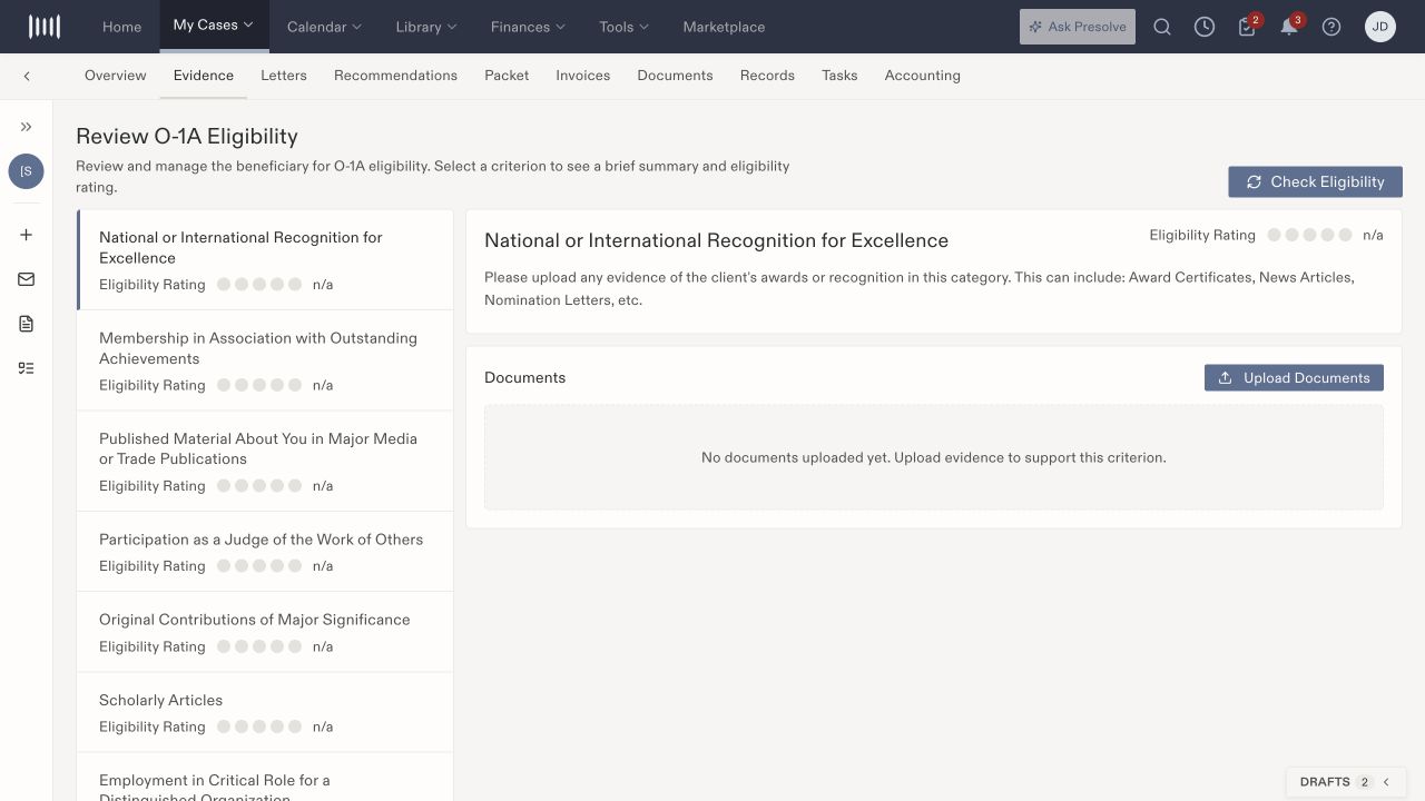 O-1A Evidence workspace with a selected recognition criterion, document upload area, and n/a rating.