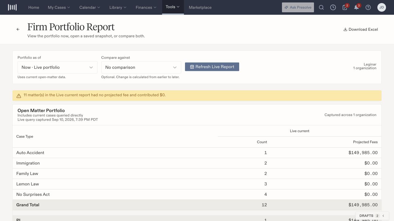 Firm Portfolio Report with Portfolio as of, Compare against, Refresh Live Report, and case-type counts and projected fees.