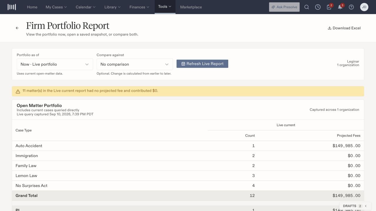 Firm Portfolio Report with Portfolio as of, Compare against, Refresh Live Report, and case-type counts and projected fees.