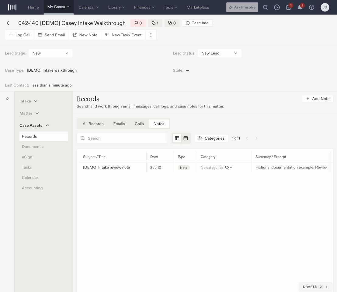 Case Records with Notes selected and the saved demo intake-review note listed.