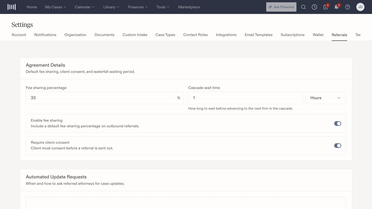 Referral settings showing fee-sharing percentage, cascade wait time, fee-sharing and client-consent switches.