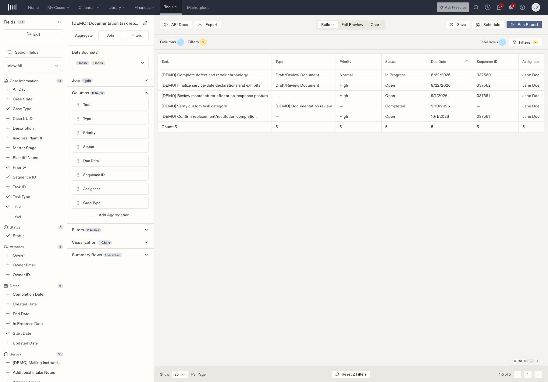 Task report with case information alongside task fields.