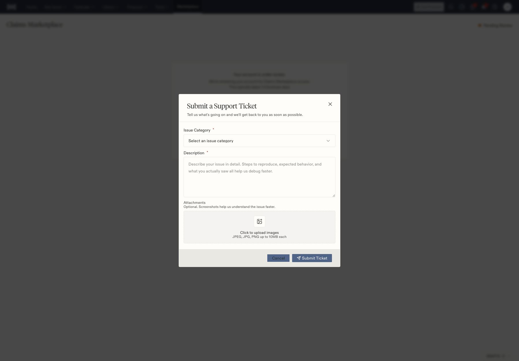 Support form with required category and description, optional image attachments, and Submit Ticket.