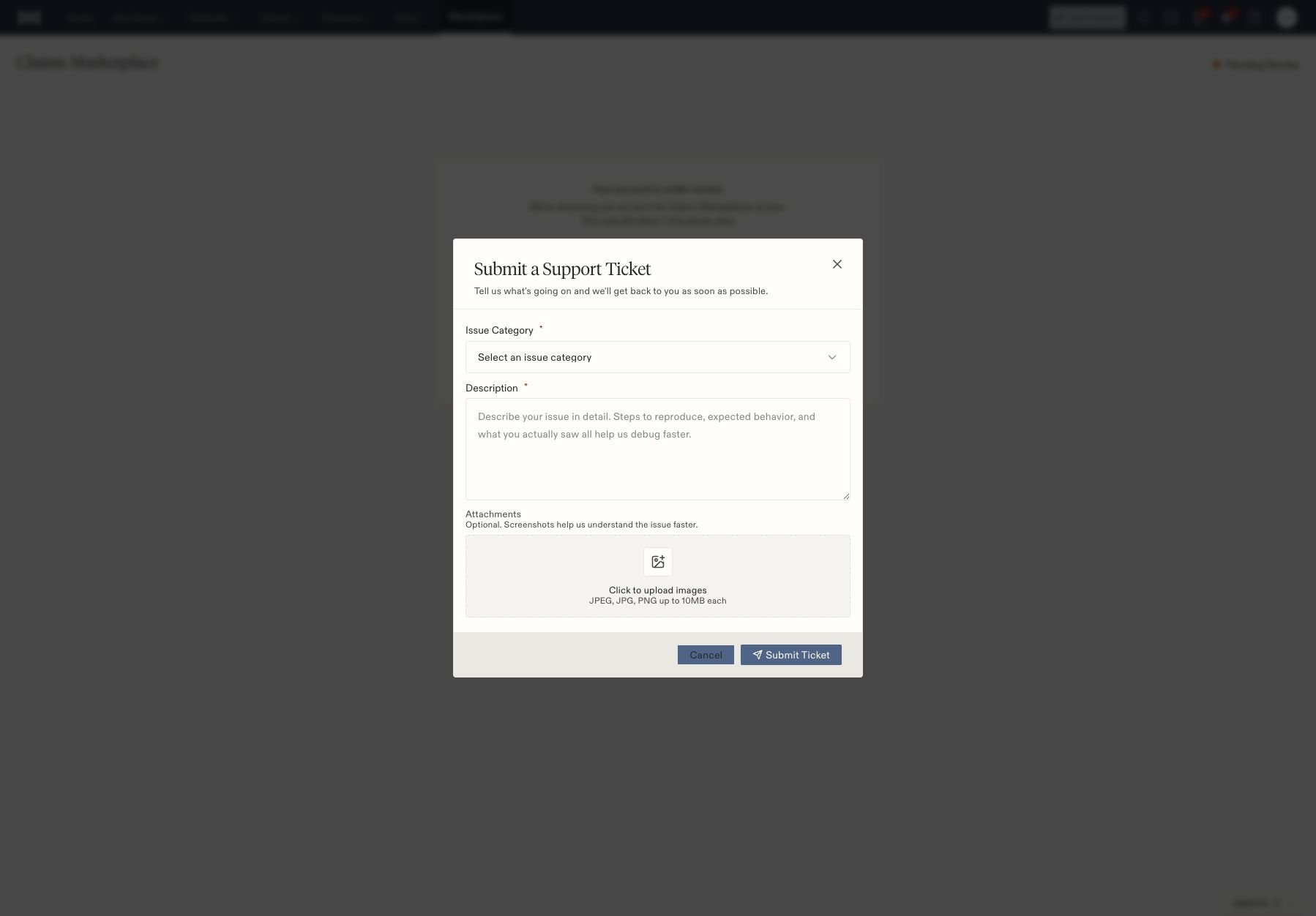 Support form with required category and description, optional image attachments, and Submit Ticket.
