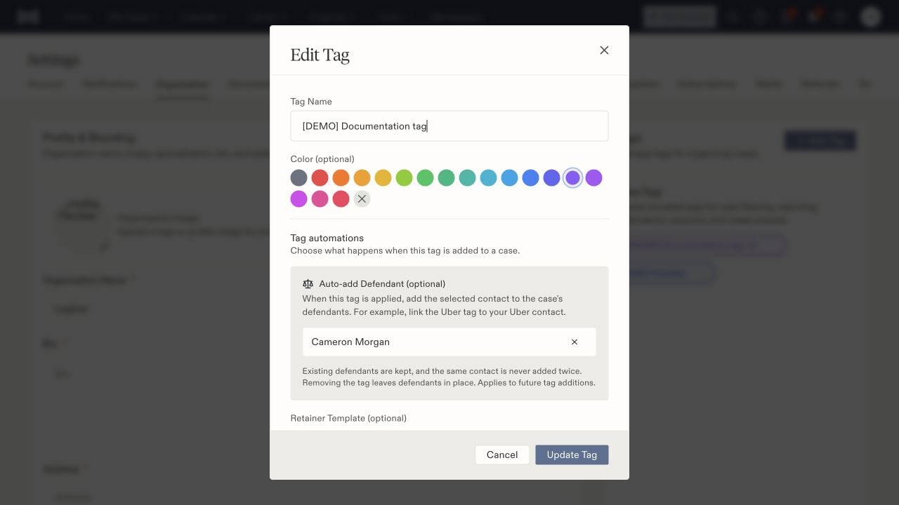 Edit Tag dialog showing its name, color choices, and Auto-add Defendant contact.