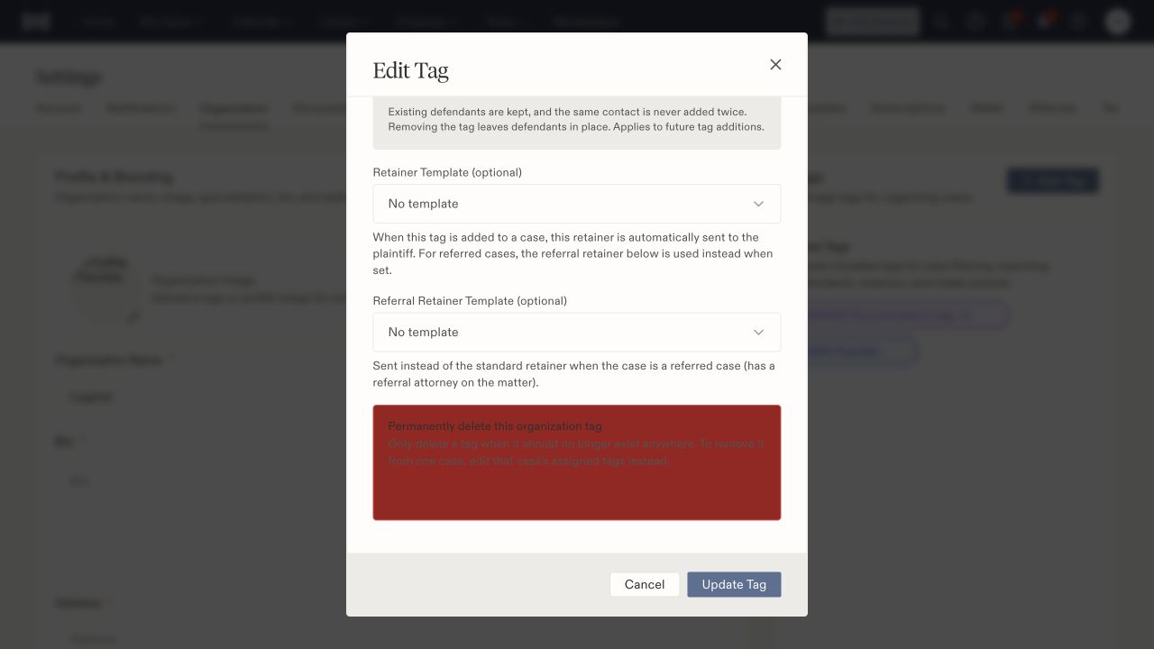Retainer Template and Referral Retainer Template set to No template, with Update Tag below.