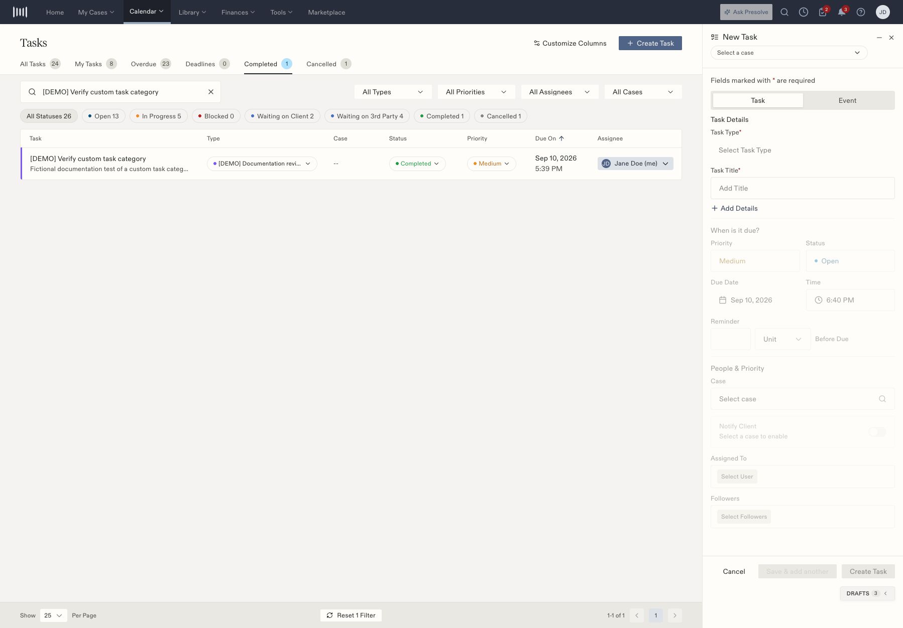 The task drawer shows type, title, scheduling, assignment, and optional notification controls.