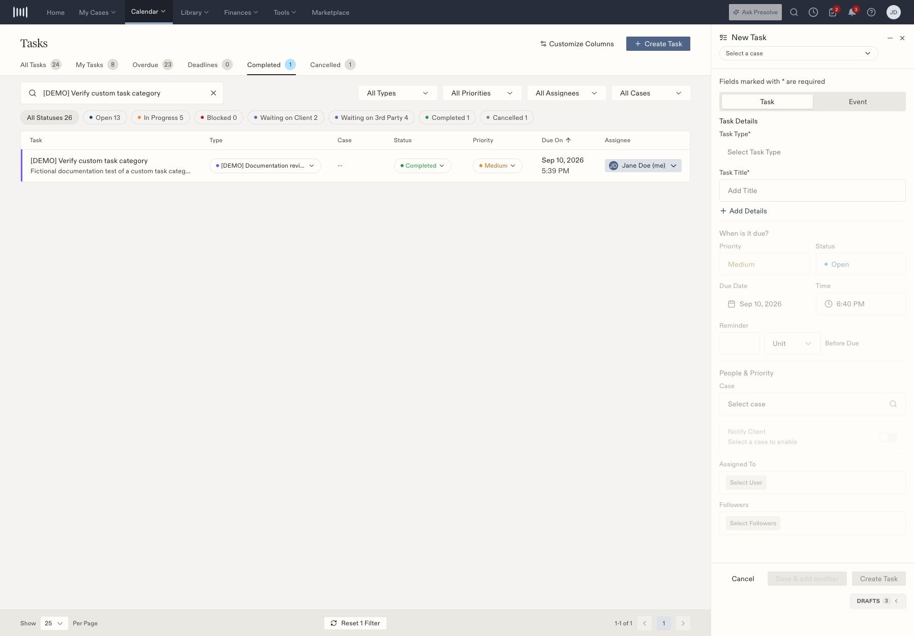 The task drawer shows type, title, scheduling, assignment, and optional notification controls.