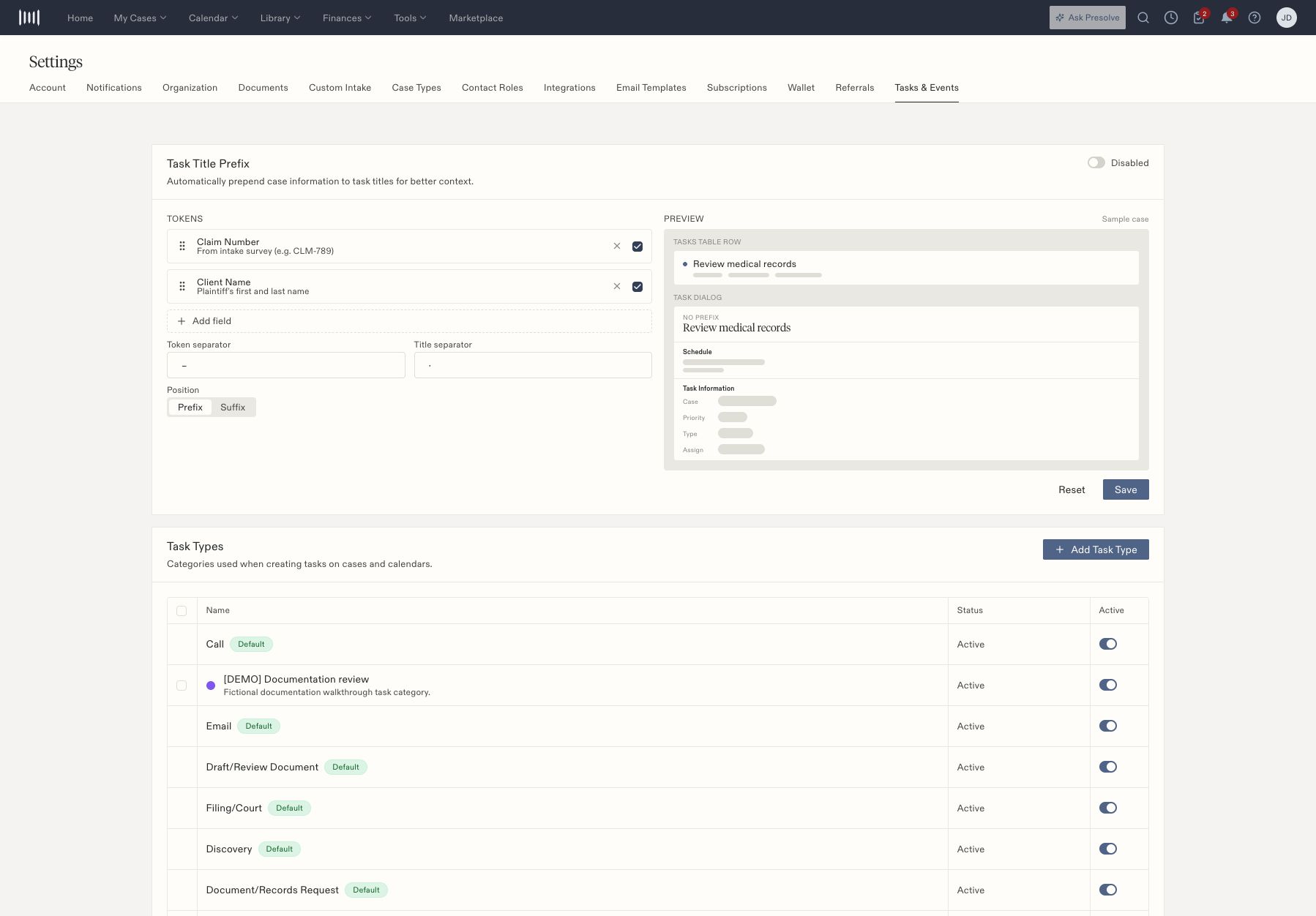 Tasks and Events settings with a custom active task category and the task-title preview.