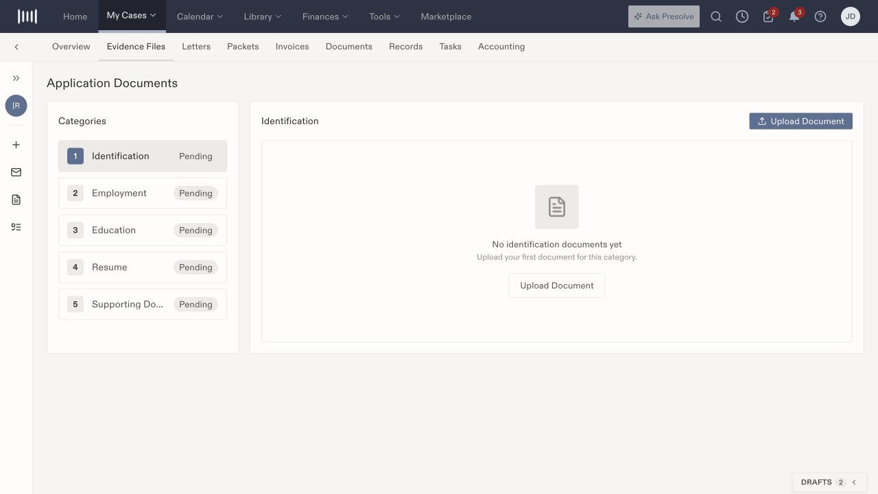 TN Evidence Files with Identification selected, Pending category badges, and Upload Document controls.