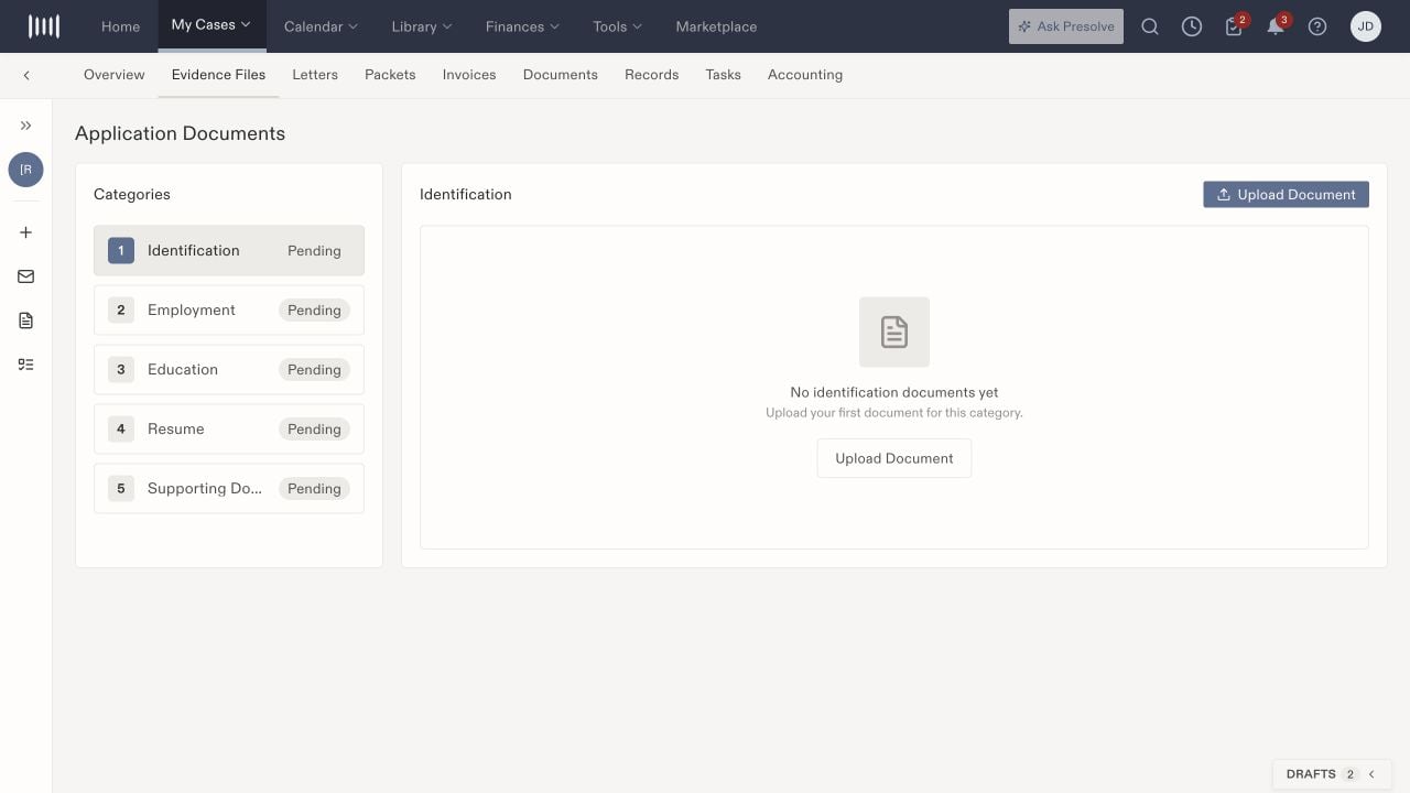 TN Evidence Files with Identification selected, Pending category badges, and Upload Document controls.