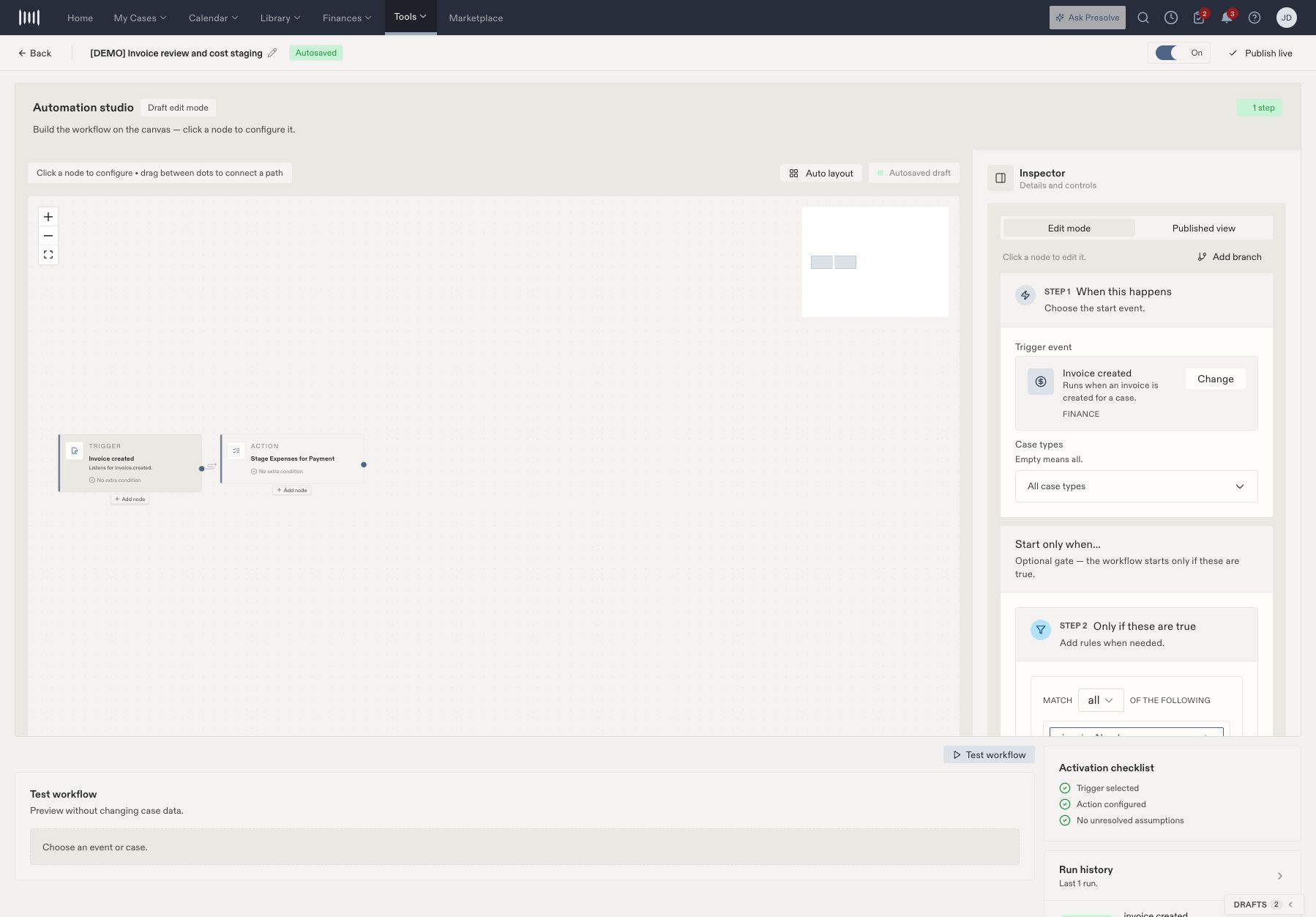 Invoice staging workflow with its action inspector open.