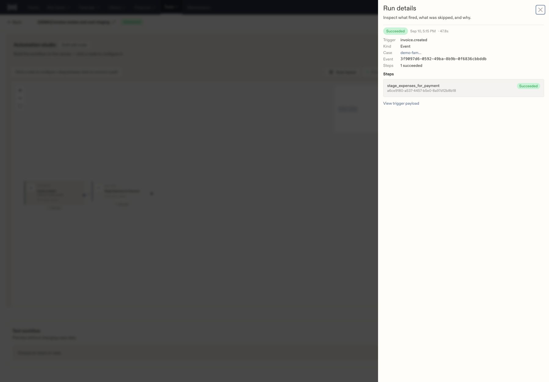 Successful workflow run for the invoice-created event with one completed staging step.