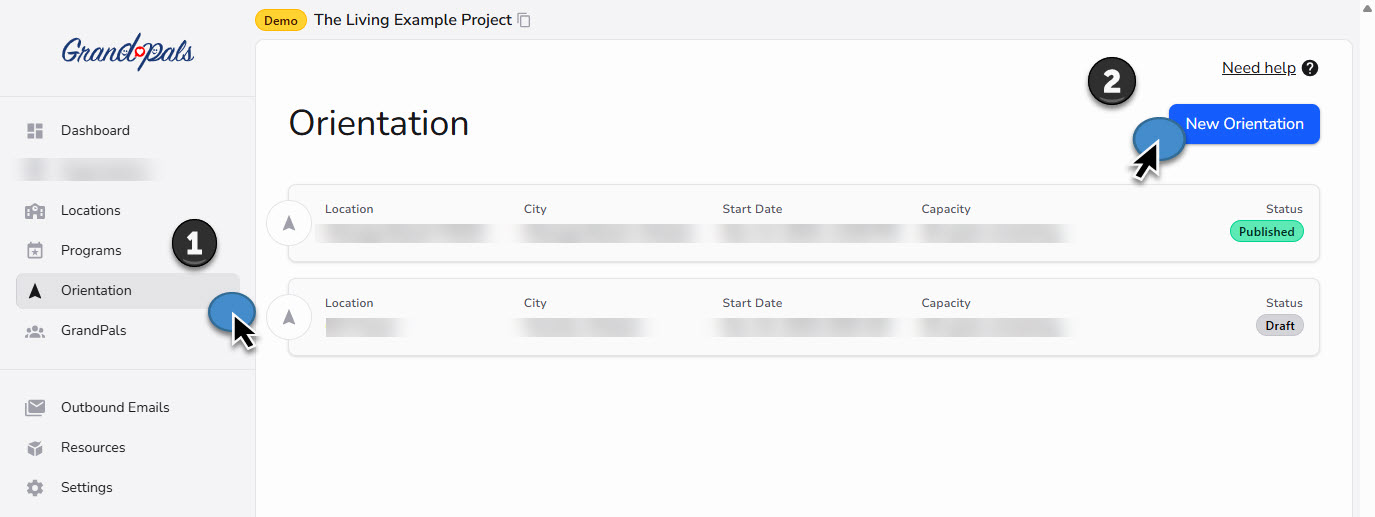 Add New Orientation screen