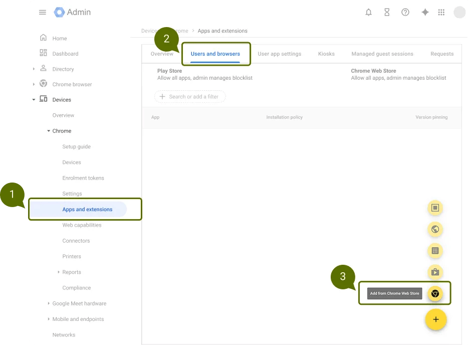 Google Admin console showing the Apps & extensions page with the Add from Chrome Web Store button highlighted