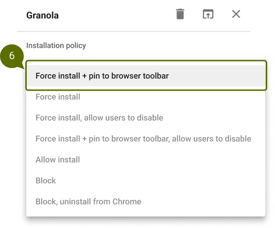 Installation policy dropdown with "Force install + pin to browser toolbar" selected