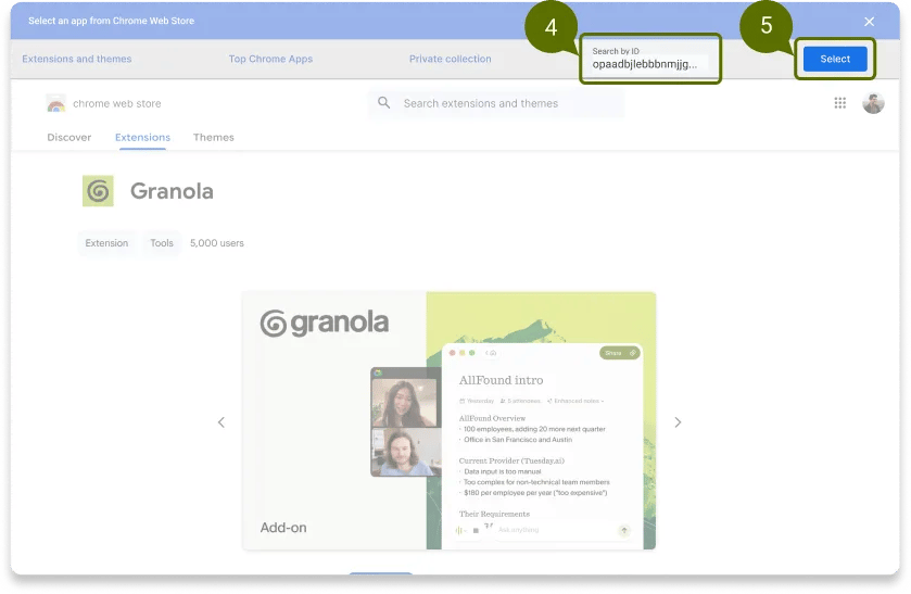 Chrome Web Store picker with the Granola extension ID entered in the Search by ID field and the Select button highlighted