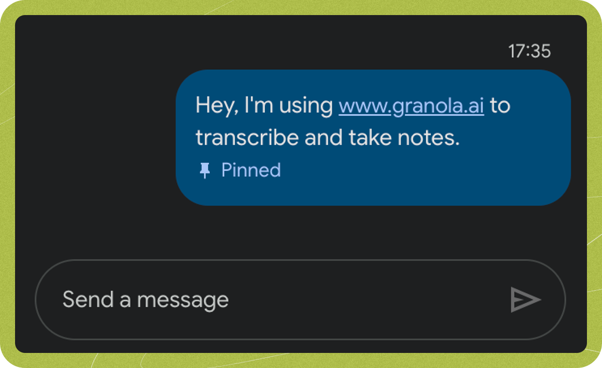 A pinned consent message in Google Meet chat reading "Hey, I'm using www.granola.ai to transcribe and take notes."