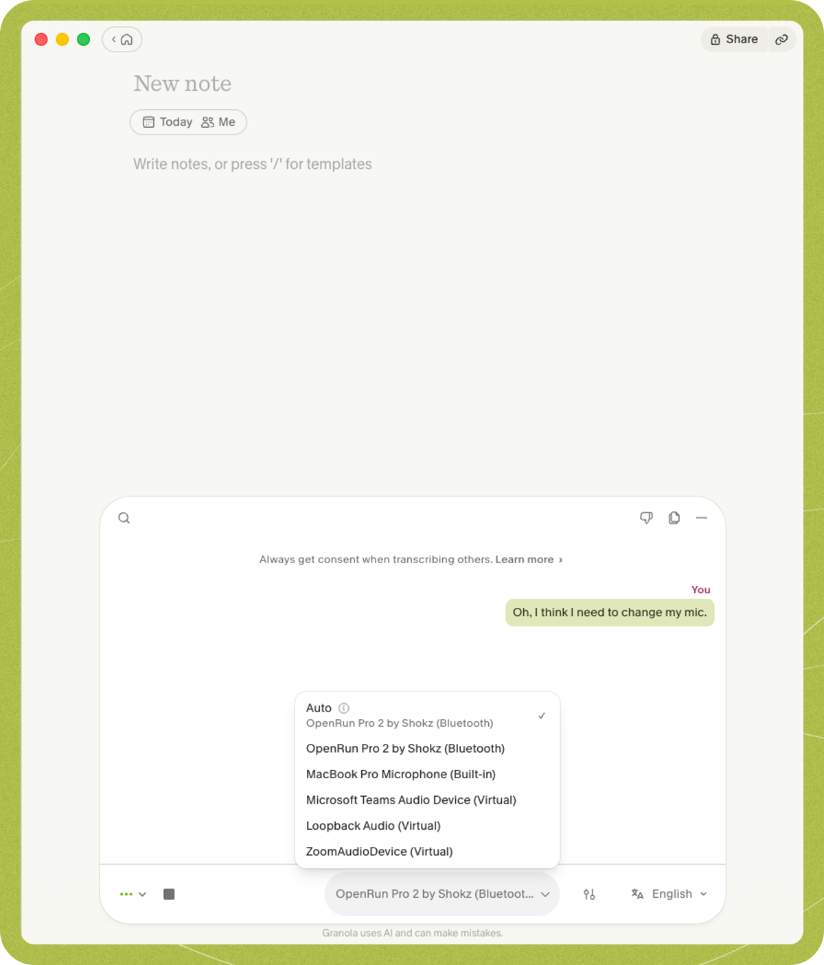 The transcript window microphone menu, with Auto selected and a list of available microphones.