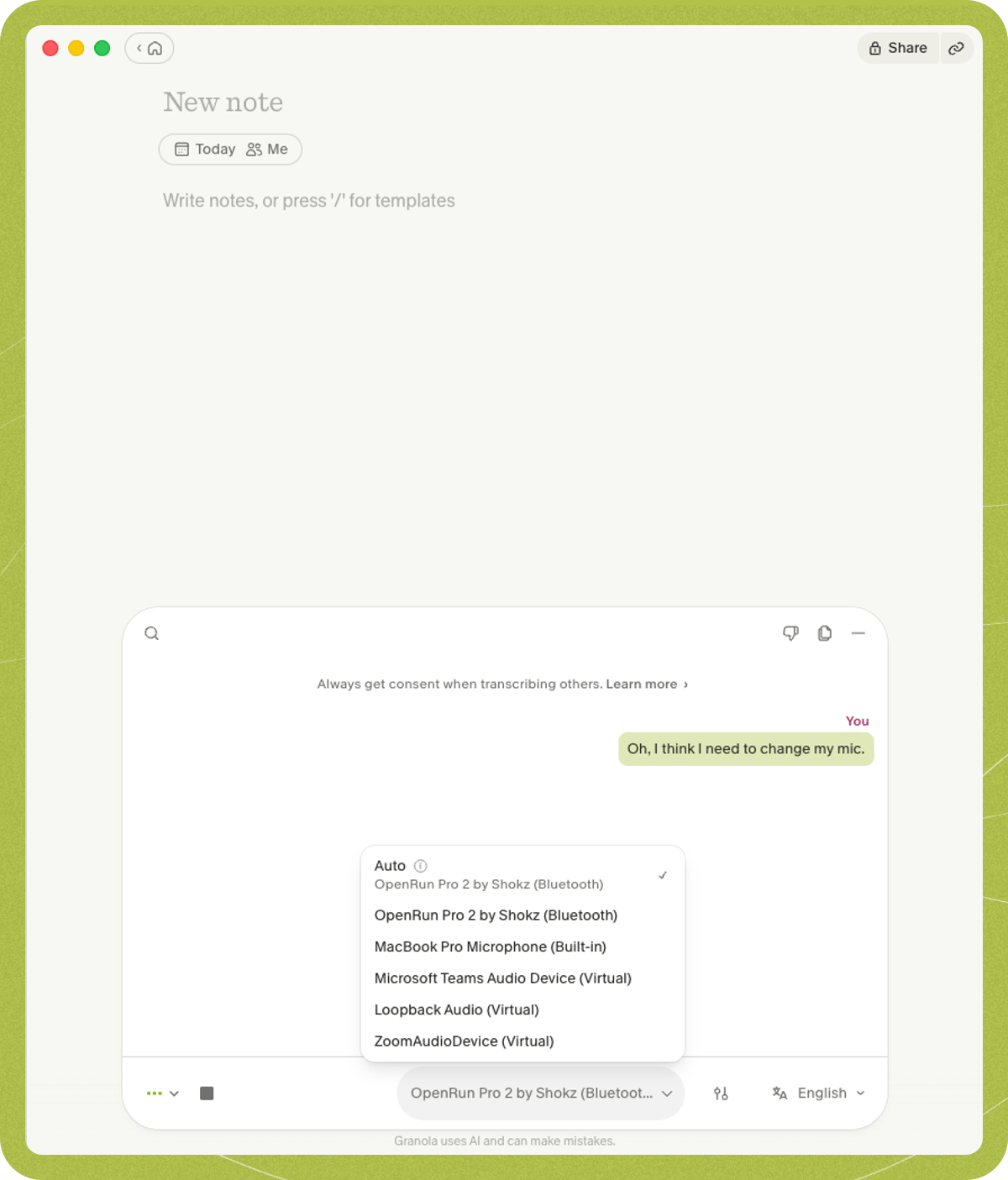 The transcript window microphone menu, with Auto selected and a list of available microphones.