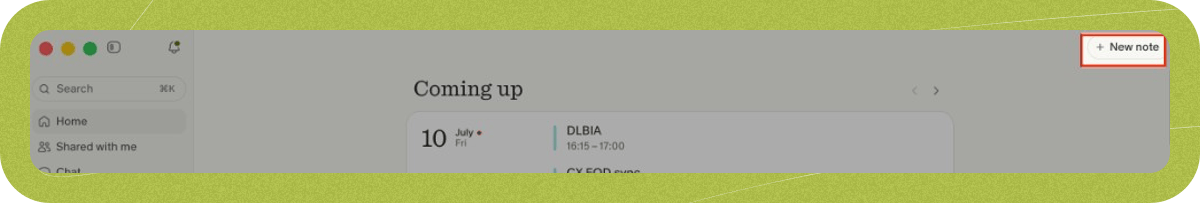 New note button at the top right of the Granola desktop app