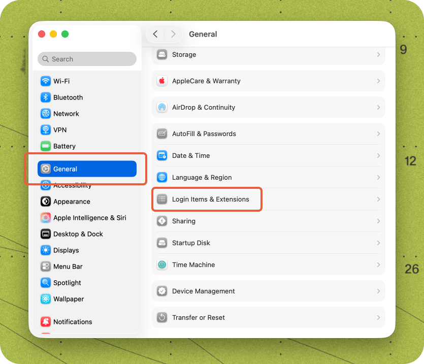 Mac System Settings showing General > Login Items & Extensions.