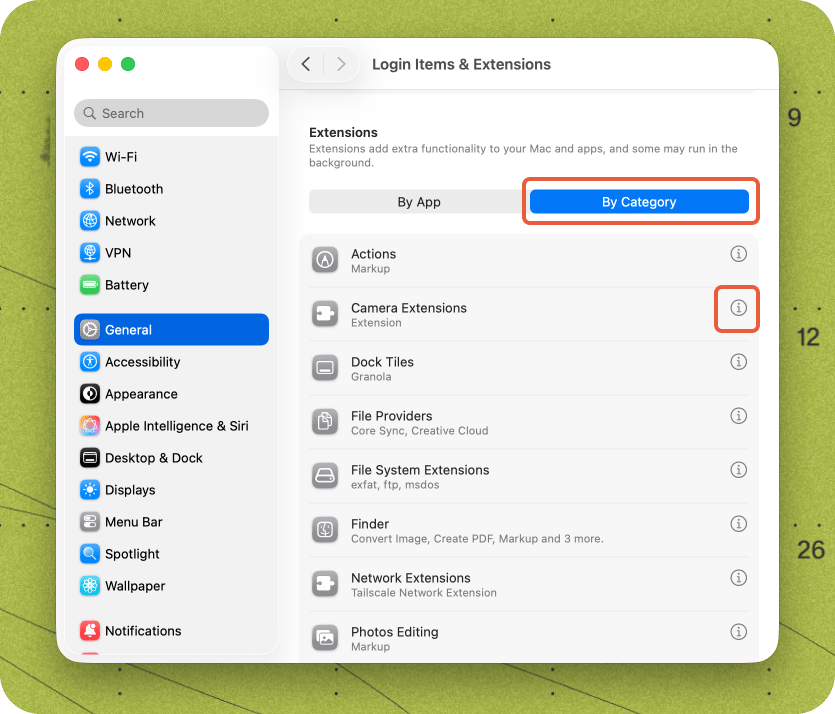 Mac System Settings showing the Camera Extensions entry under "By Category".