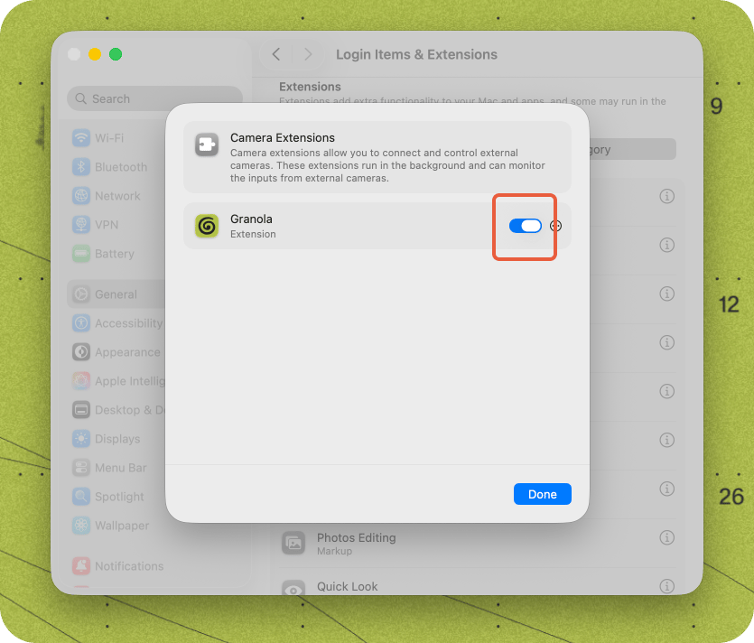 System Settings showing the Granola camera extension toggle.